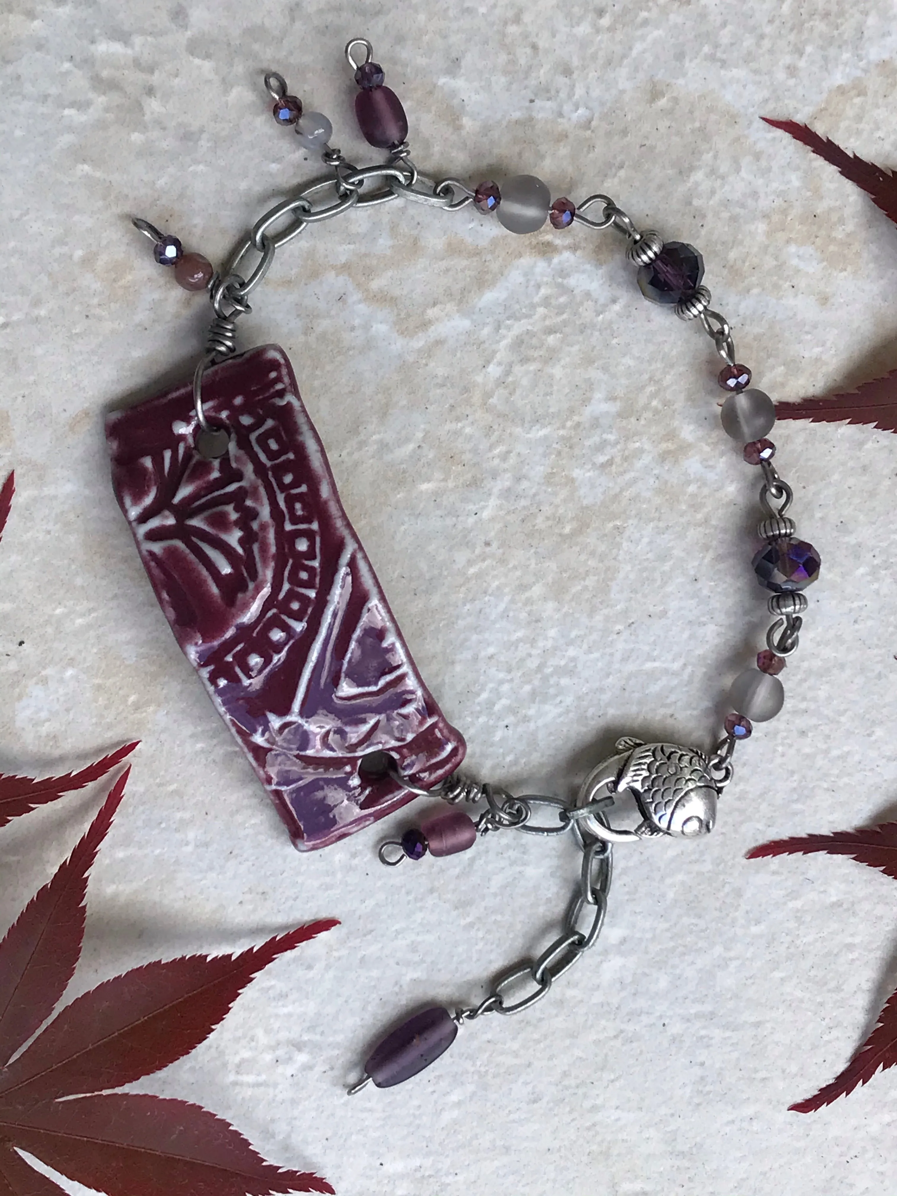 Burgundy Beaded Bracelet with Fish Clasp