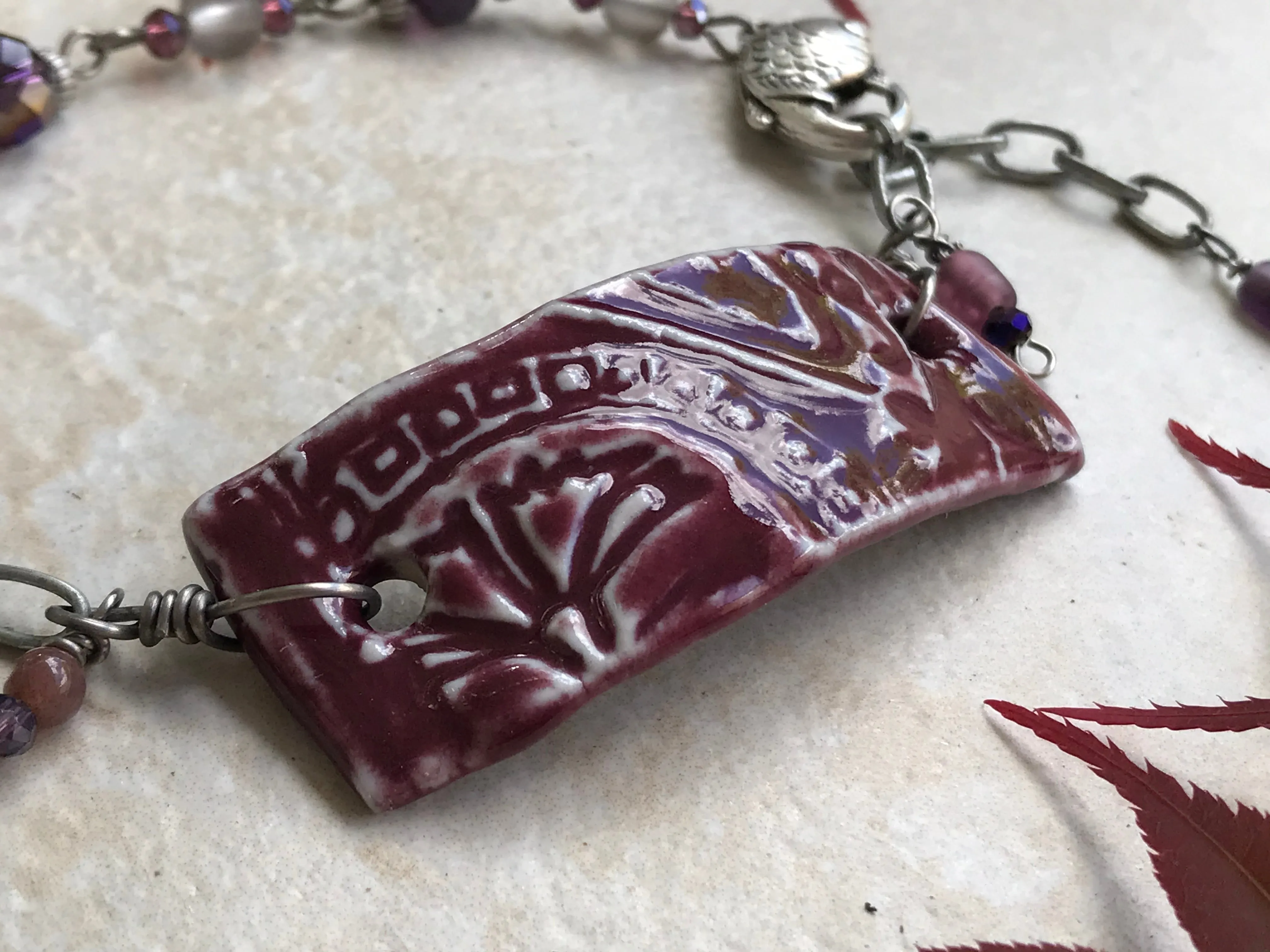 Burgundy Beaded Bracelet with Fish Clasp