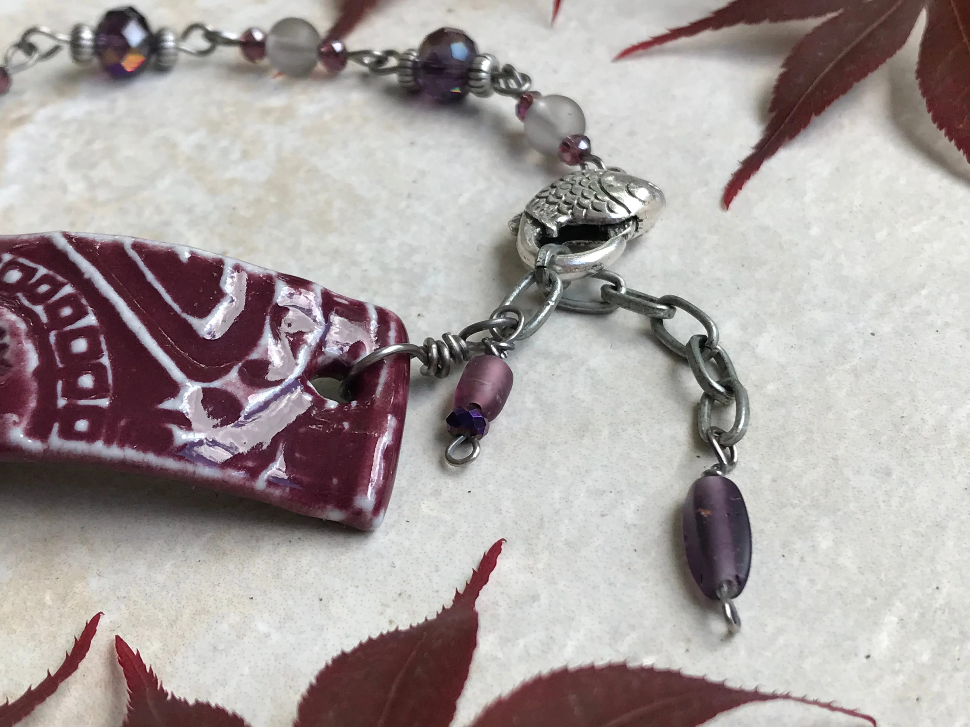 Burgundy Beaded Bracelet with Fish Clasp
