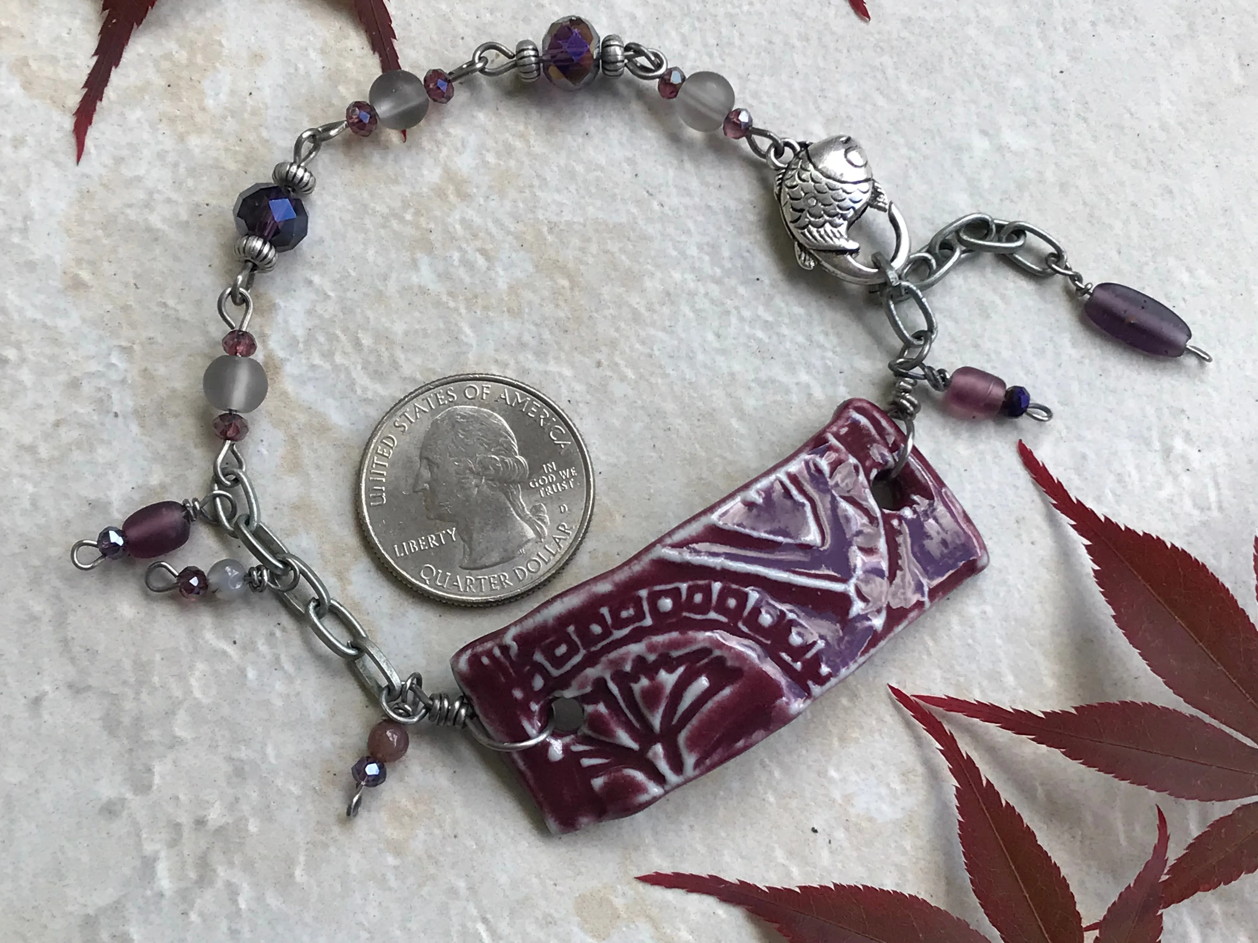Burgundy Beaded Bracelet with Fish Clasp