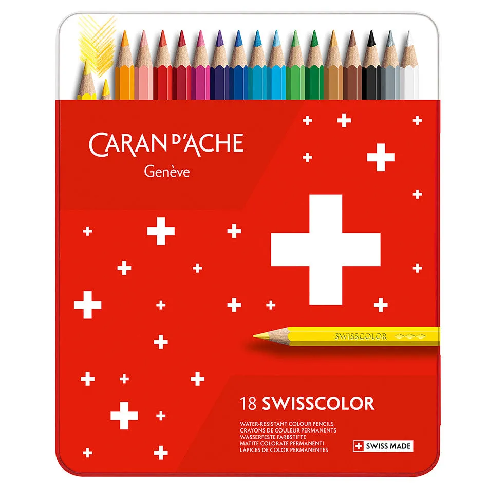 Caran d'Ache Swisscolor Water-Resistant Colouring Pencils Metal Box of 18