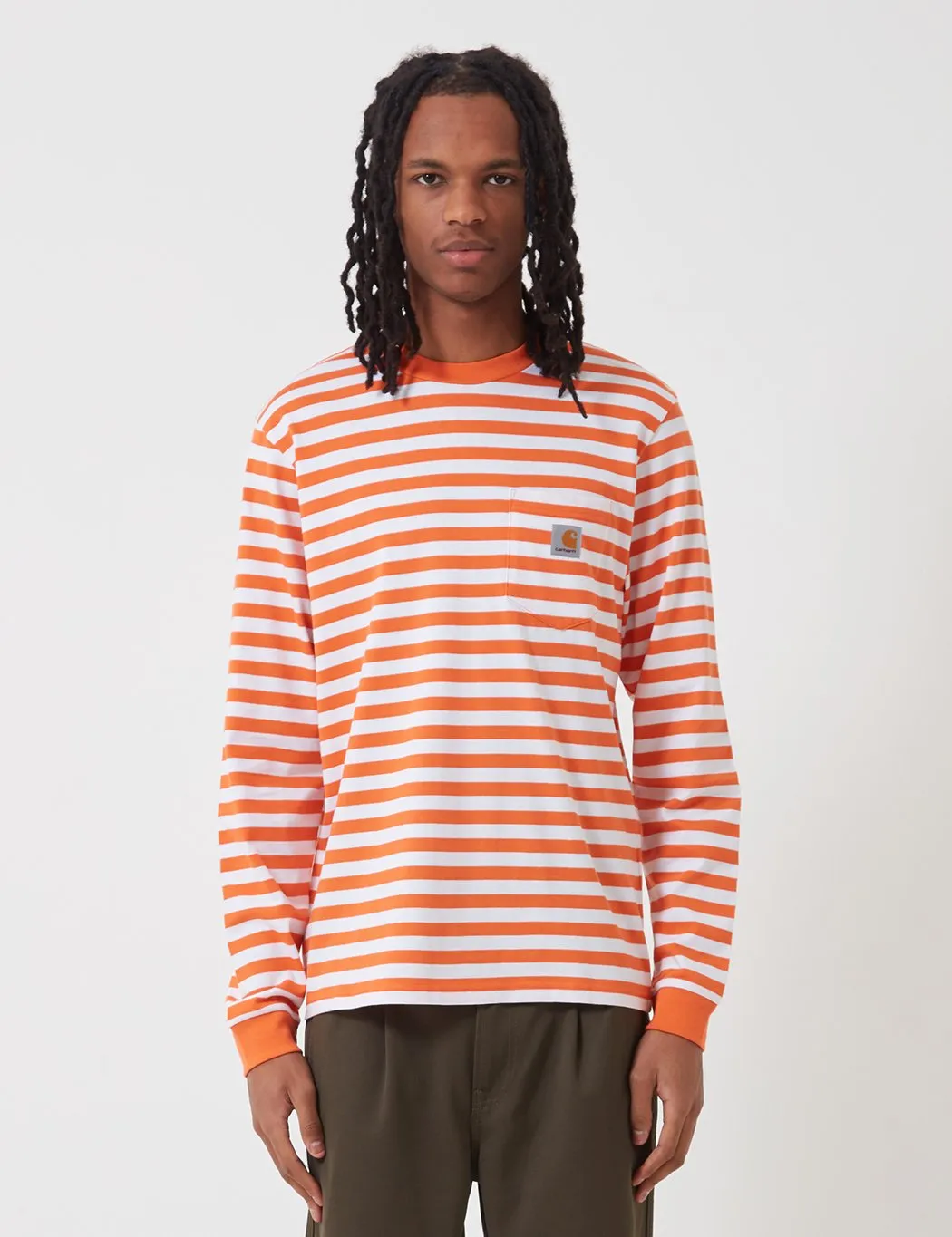 Carhartt-WIP Scotty Long Sleeve Pocket T-Shirt (Stripe) - Clockwork Orange/White