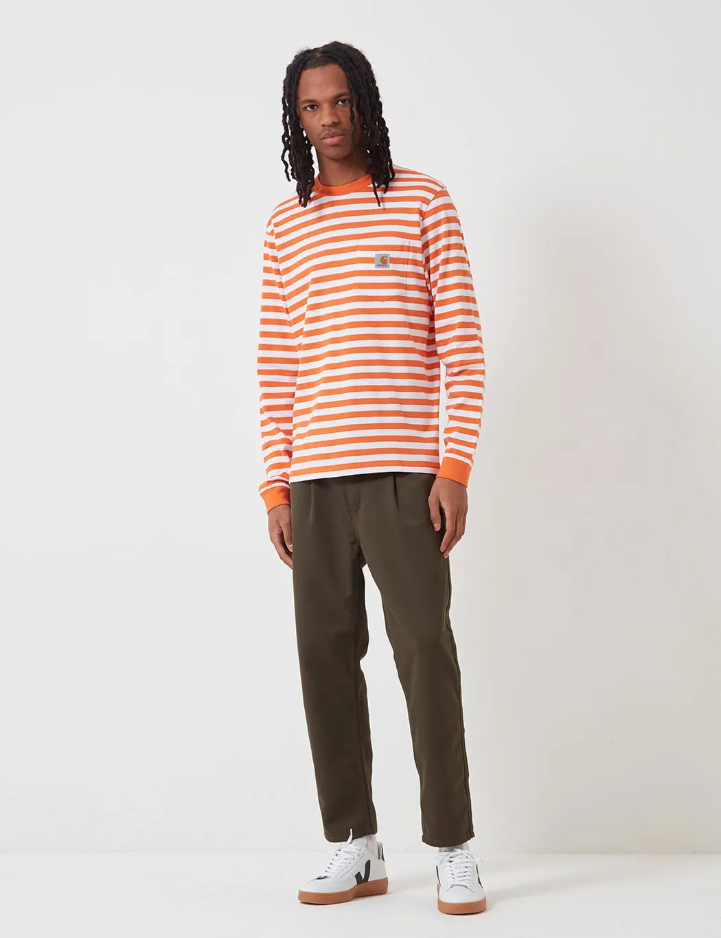 Carhartt-WIP Scotty Long Sleeve Pocket T-Shirt (Stripe) - Clockwork Orange/White