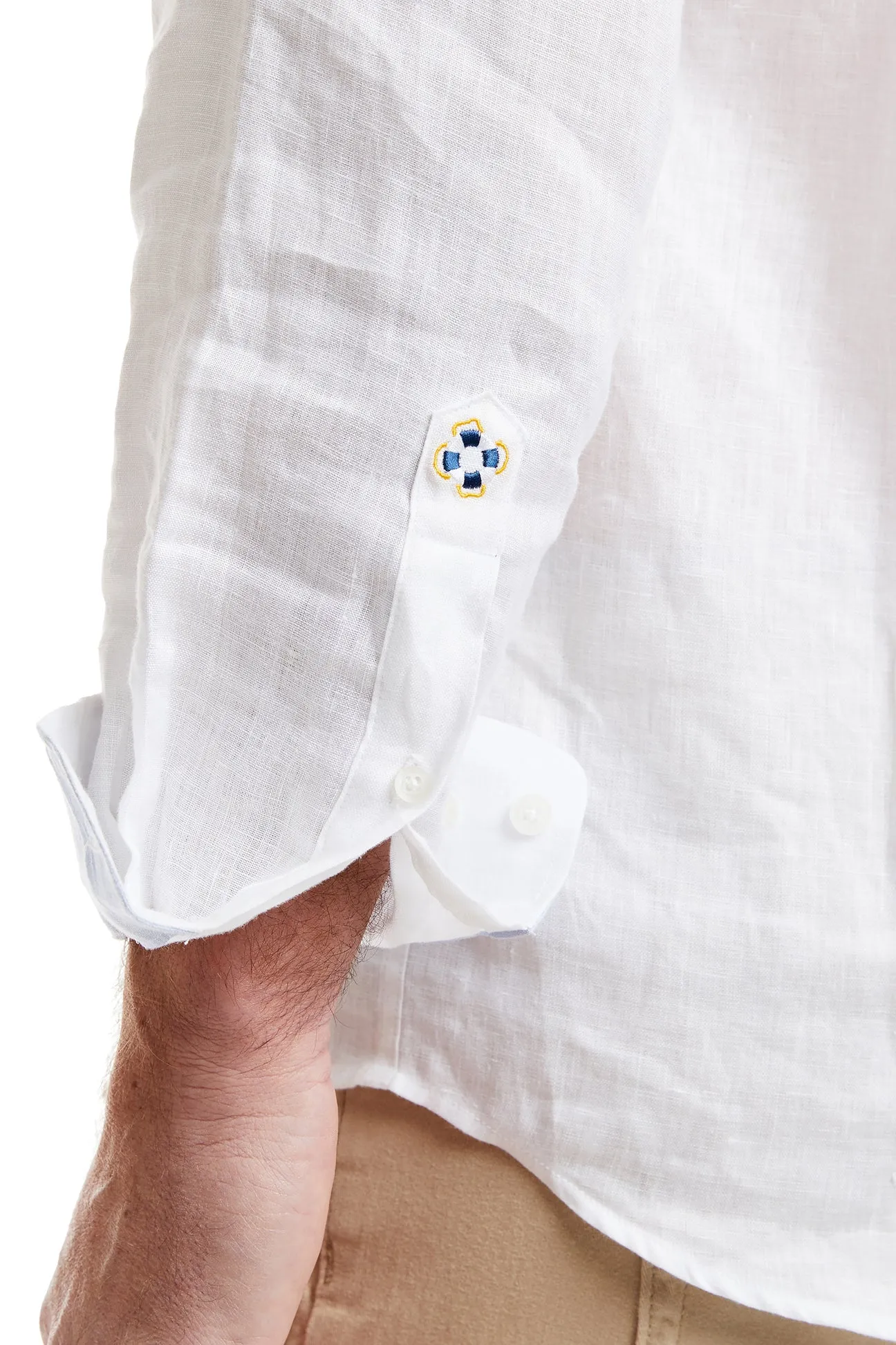 Chase Shirt Linen White with Powder Blue Trim and USA Flag