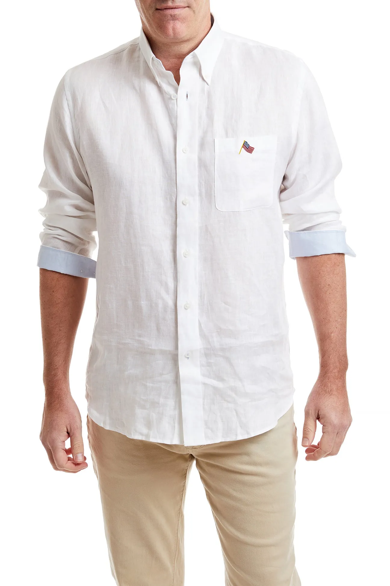 Chase Shirt Linen White with Powder Blue Trim and USA Flag