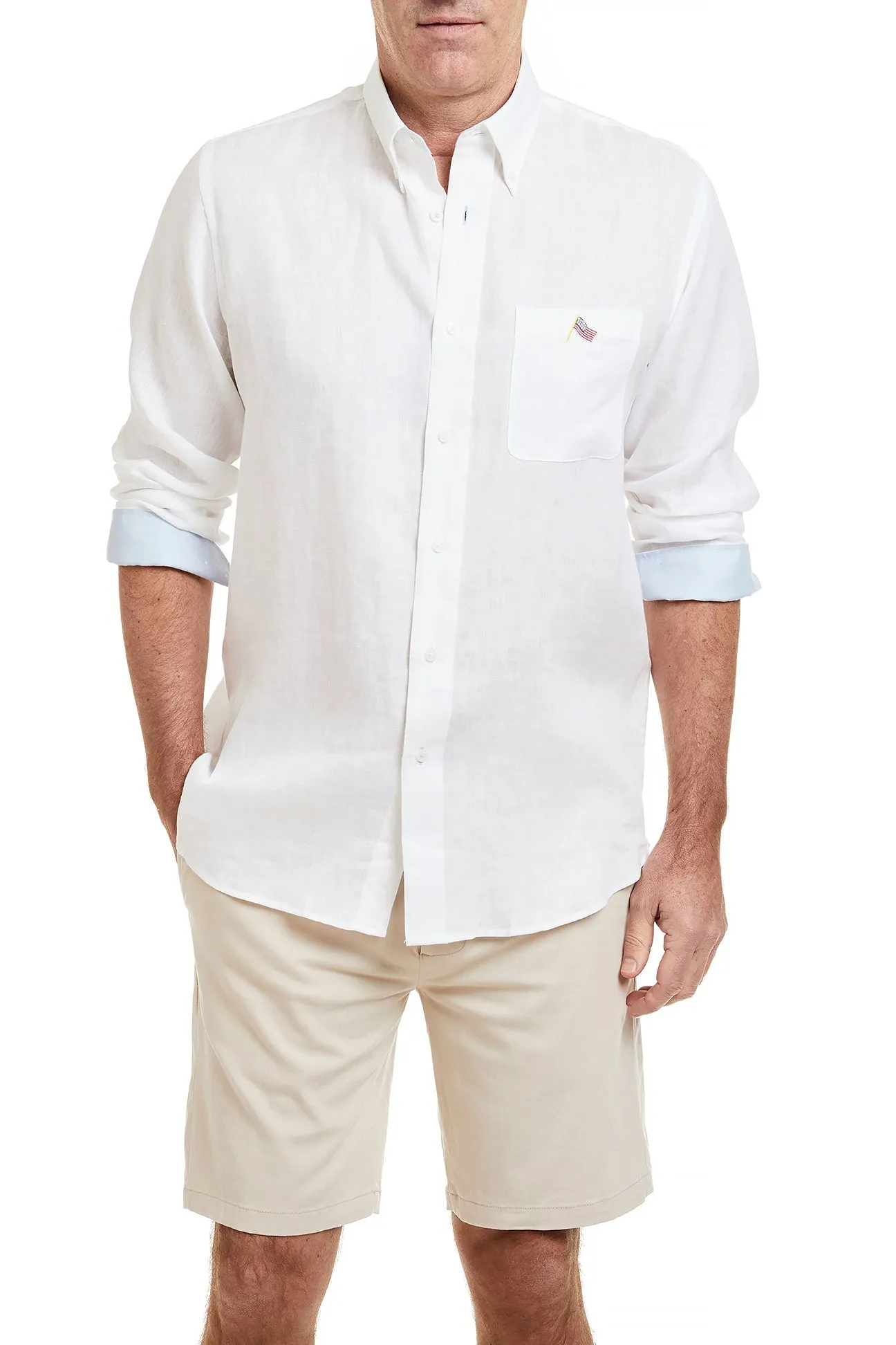 Chase Shirt Linen White with Powder Blue Trim and USA Flag