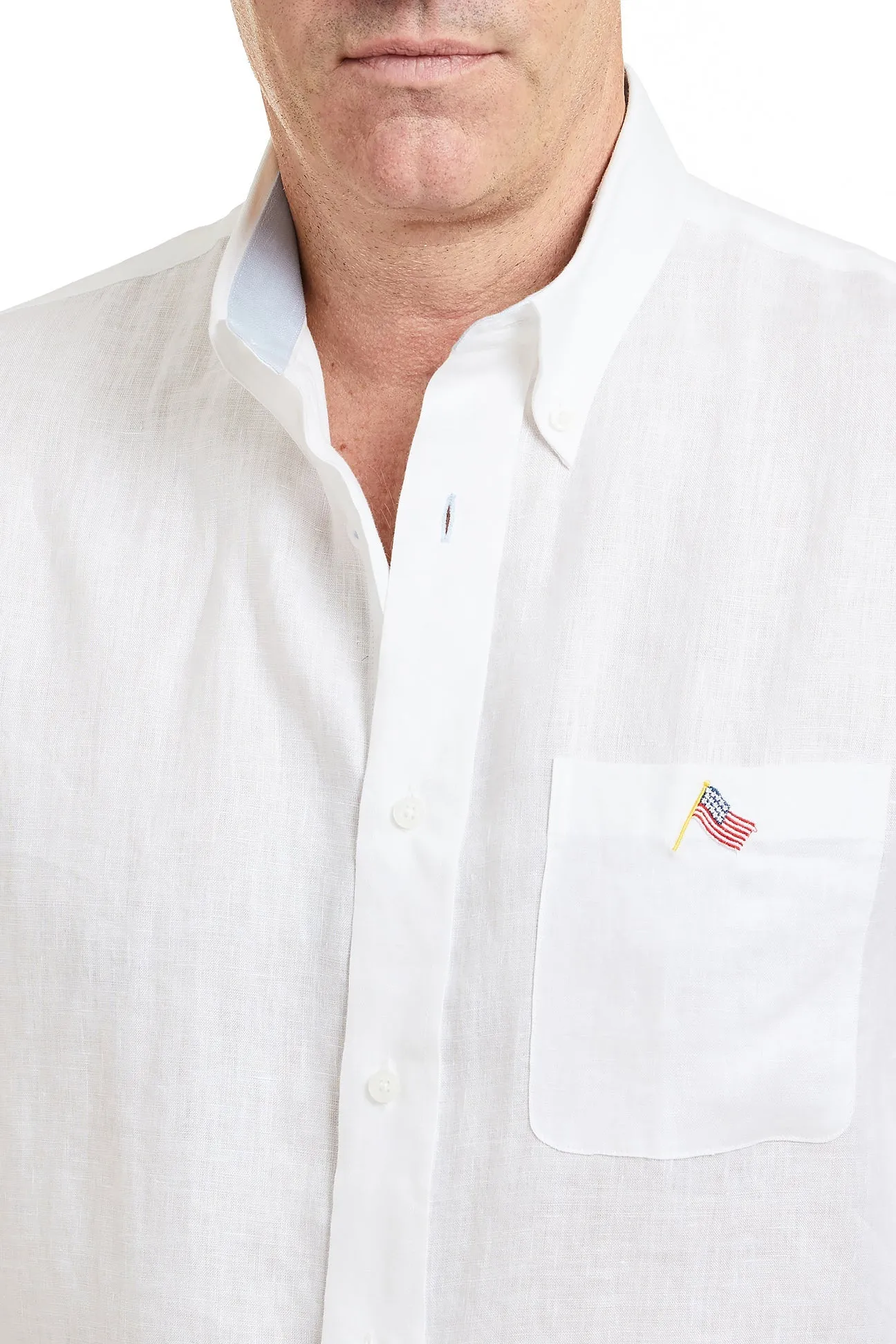 Chase Shirt Linen White with Powder Blue Trim and USA Flag