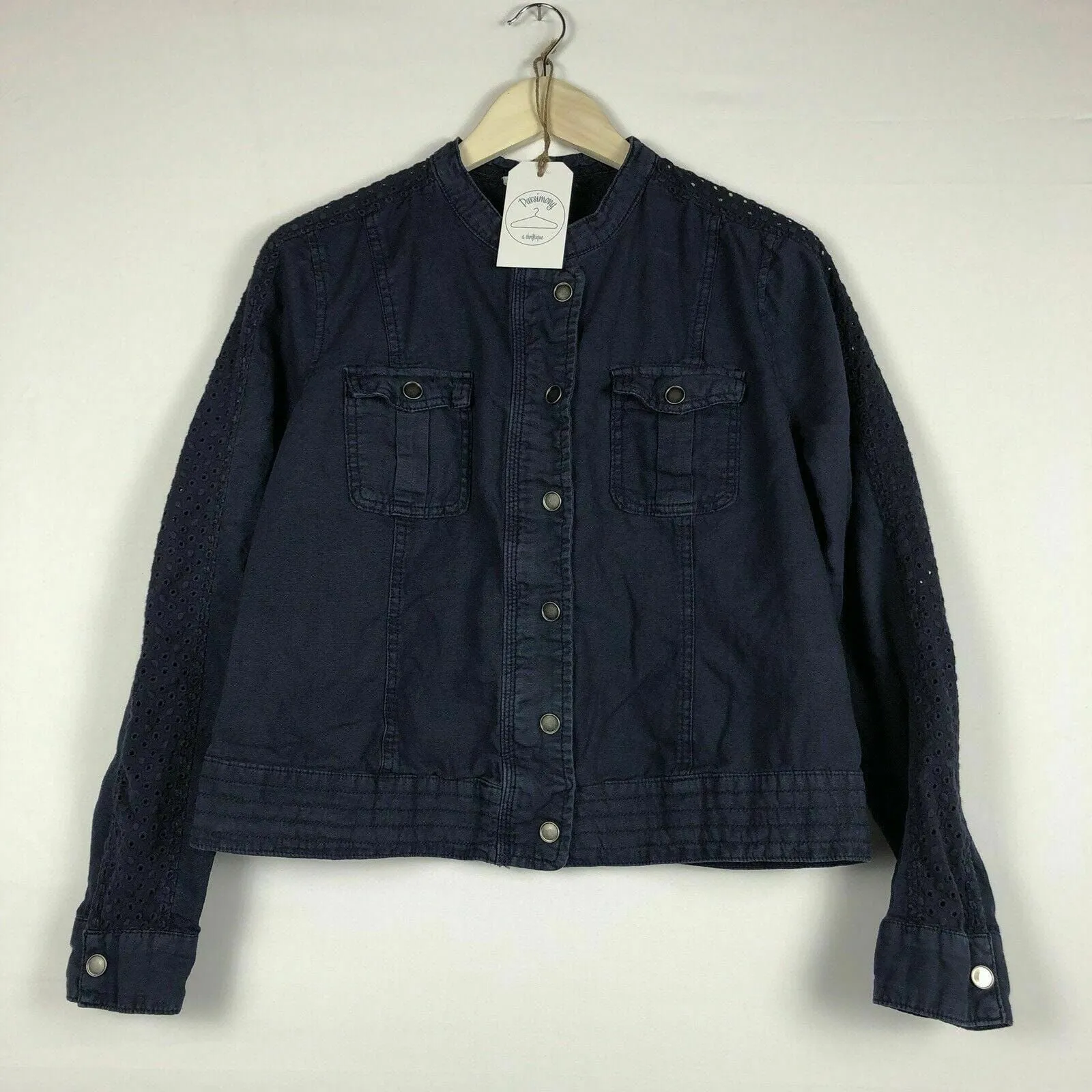 Chic Maurices Navy Blue Linen Military Jacket M Blue Cotton Blend Button Womens Used