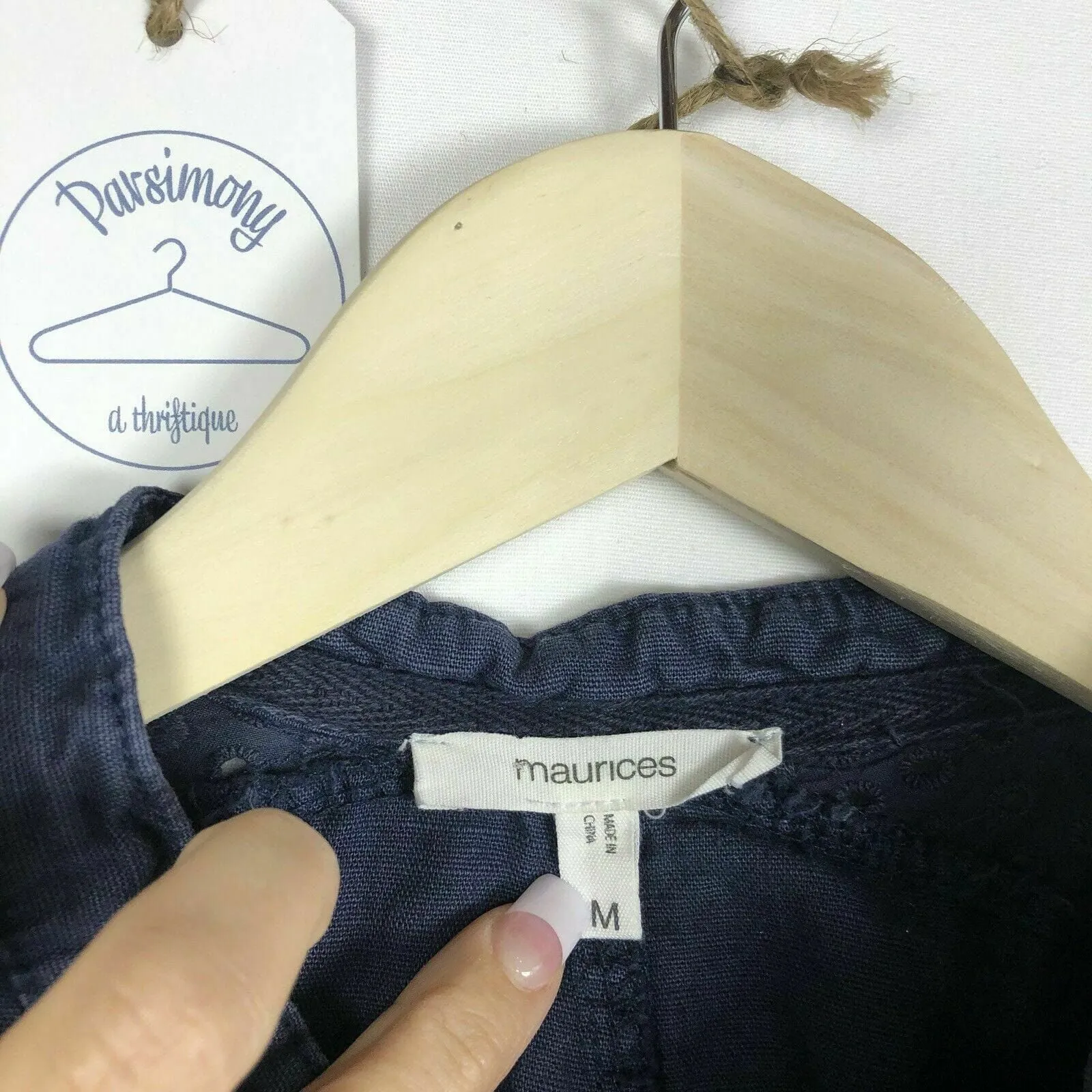 Chic Maurices Navy Blue Linen Military Jacket M Blue Cotton Blend Button Womens Used