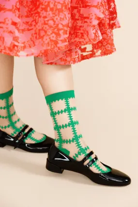 Crochet Squares Sheer Crew Socks - Green Crochet Squares Sheer Crew Socks - Green