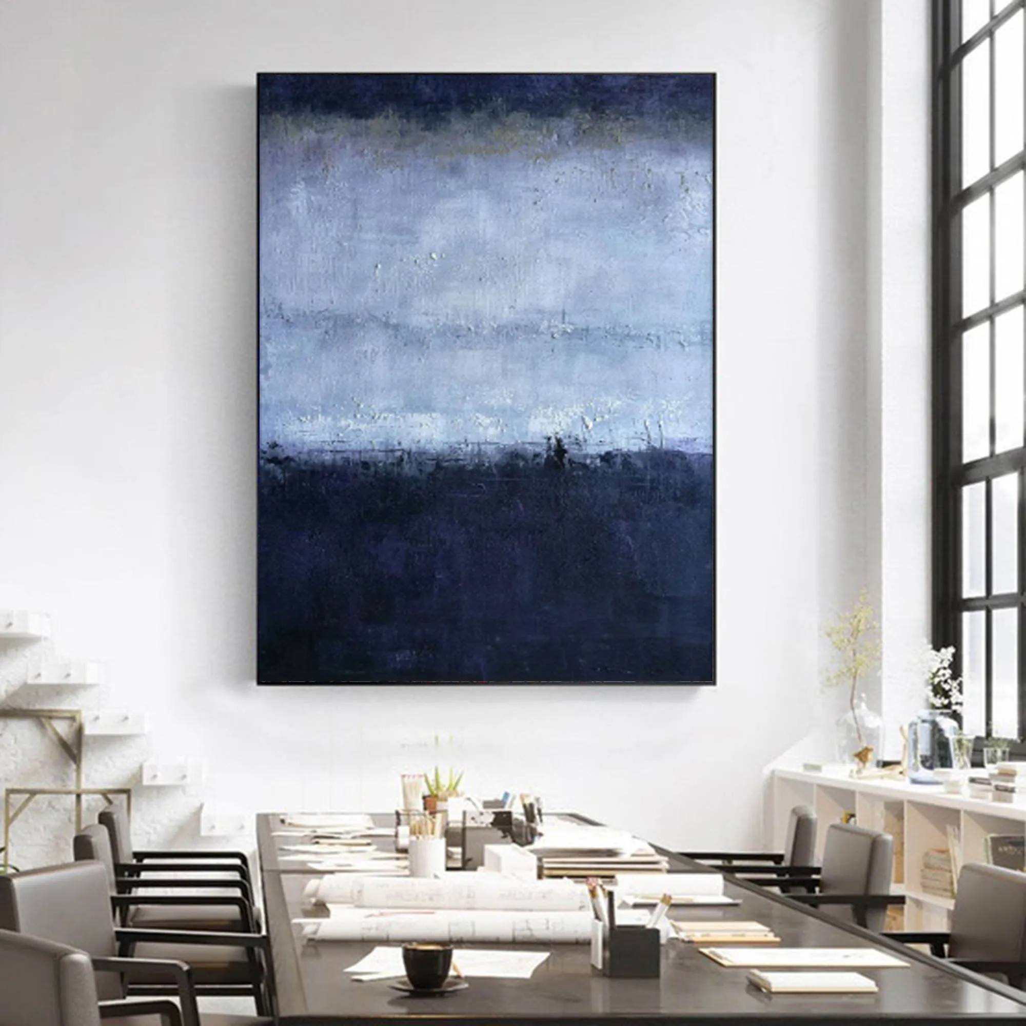 Deep Blue Gray Abstract Painting Oversized Contemporary Canvas Art Np018