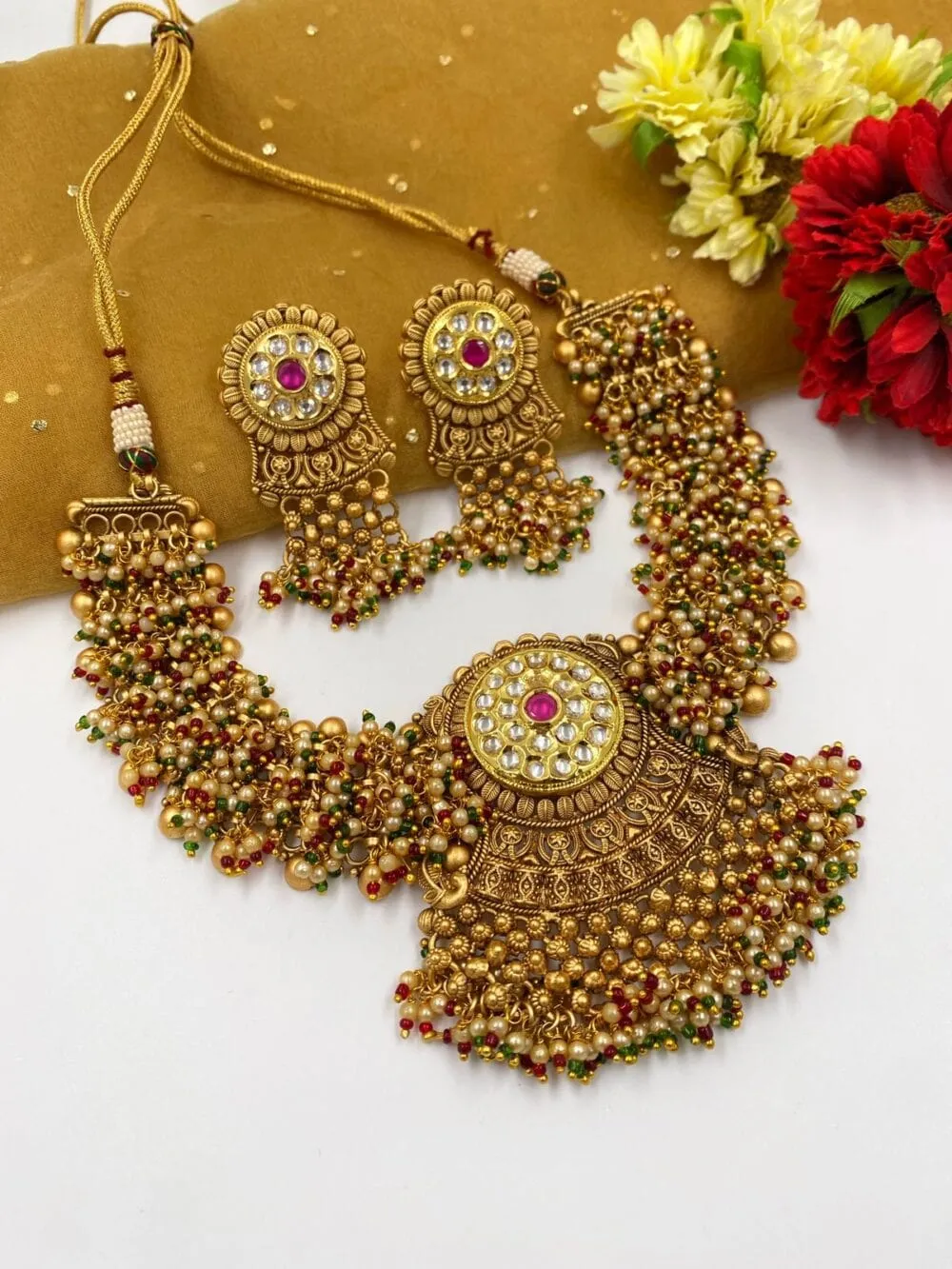 Designer Gold Plated Antique Golden Bridal Necklace Set By Gehna Shop