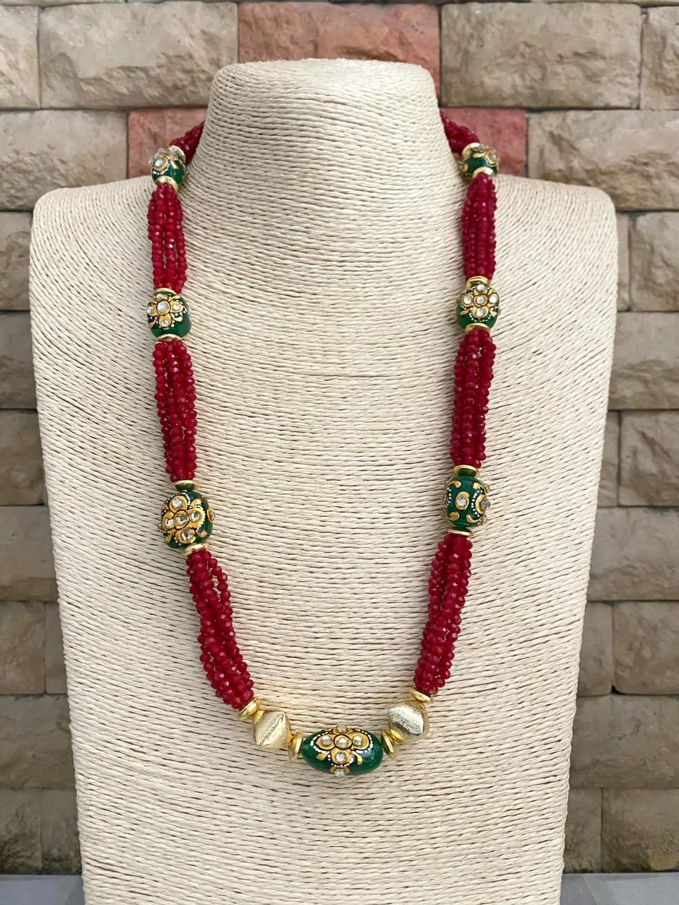 Designer Handcrafted Long Red Crystal Beaded Necklace Set By Gehna Shop