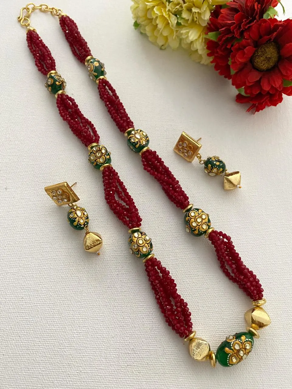 Designer Handcrafted Long Red Crystal Beaded Necklace Set By Gehna Shop