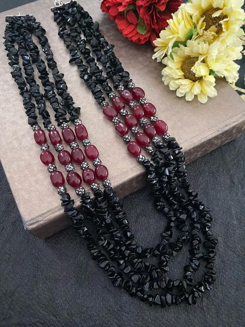 Designer Semi Precious Layered Black Onyx Uncut Beads Necklace By Gehna Shop