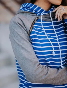Double Hooded Charcoal and Blue Stripe Sweatshirt Double Hooded Charcoal and Blue Stripe Sweatshirt