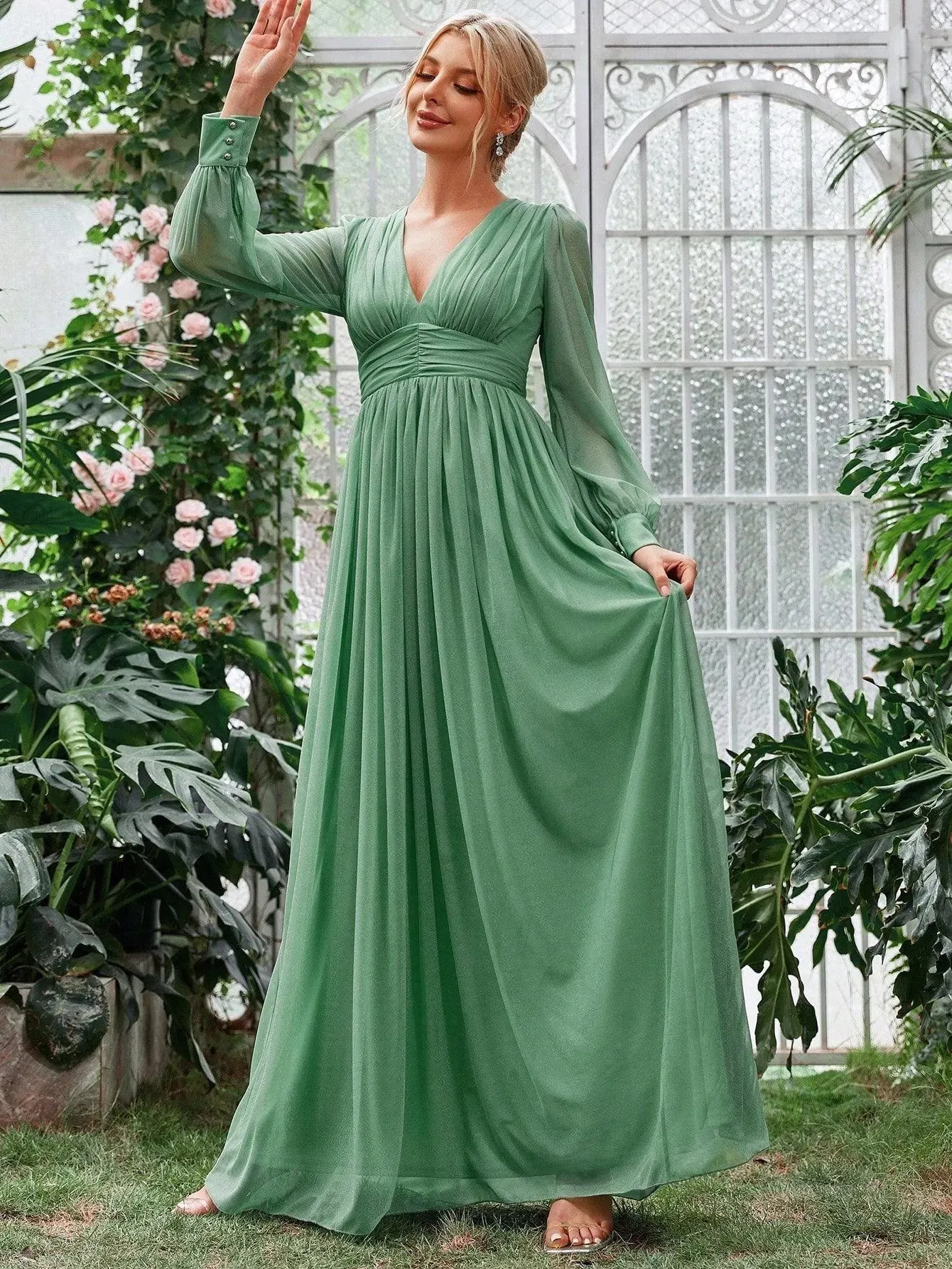 Elegant V Neck Ruched Waist Maxi Dresses