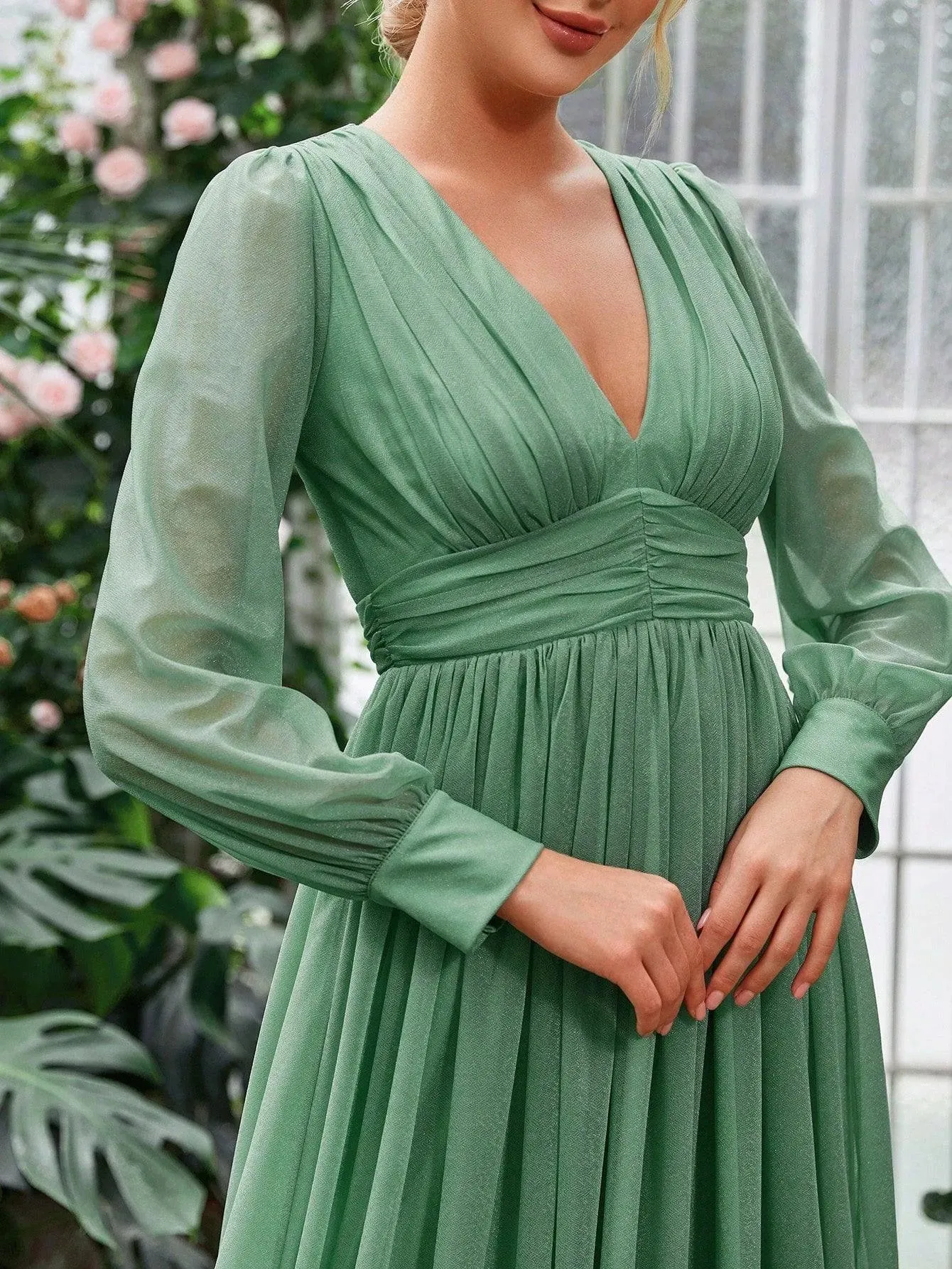 Elegant V Neck Ruched Waist Maxi Dresses