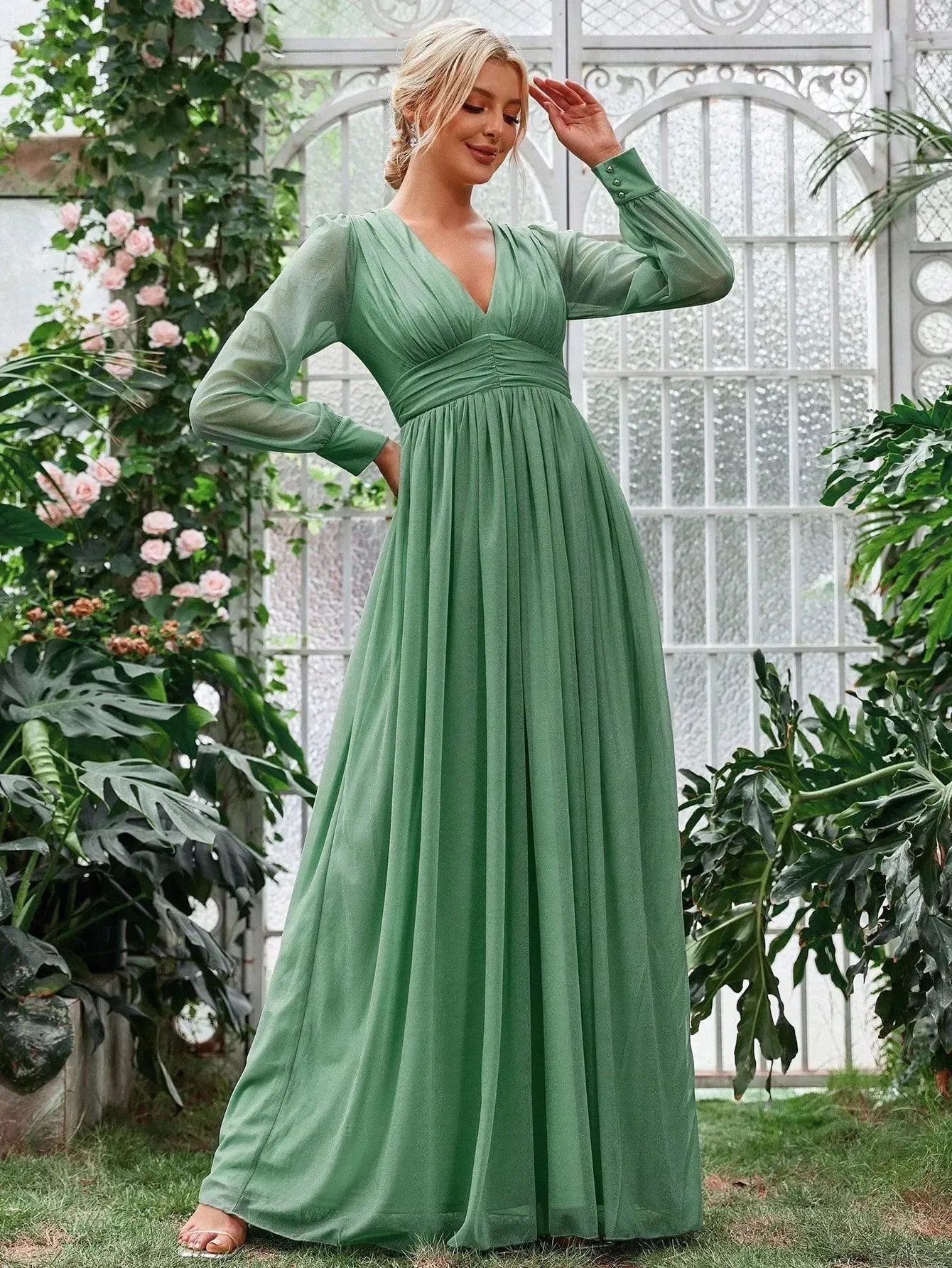 Elegant V Neck Ruched Waist Maxi Dresses
