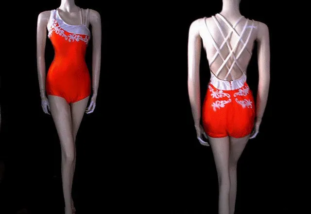 GLAMOROUS VINTAGE WATER GODDESS APPLIQUE SWIMSUIT WITH A FABULOUS BACK IN ORANGE CRUSH