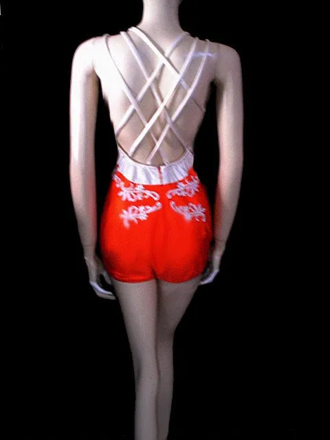 GLAMOROUS VINTAGE WATER GODDESS APPLIQUE SWIMSUIT WITH A FABULOUS BACK IN ORANGE CRUSH