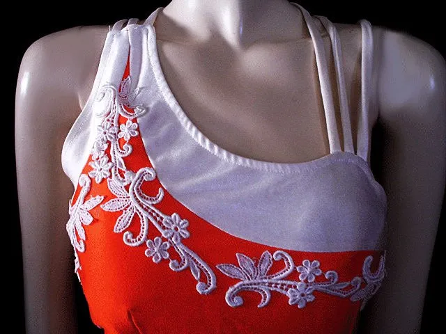 GLAMOROUS VINTAGE WATER GODDESS APPLIQUE SWIMSUIT WITH A FABULOUS BACK IN ORANGE CRUSH