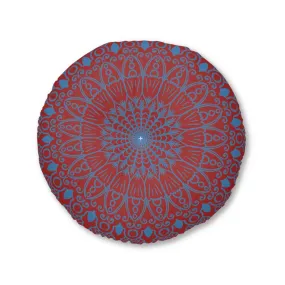 Handmade Mandala Art Floor Cushion - Steel Blue on Brown - Tufted Round Handmade Mandala Art Floor Cushion - Steel Blue on Brown - Tufted Round
