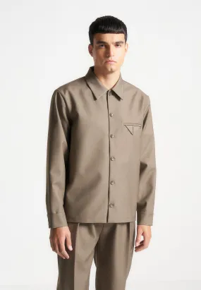 Hatched Tailored Long Sleeve Overshirt - Khaki Hatched Tailored Long Sleeve Overshirt - Khaki