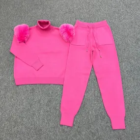 Hot Pink Luxury Fur Roll Neck Jogger Tracksuit Hot Pink Luxury Fur Roll Neck Jogger Tracksuit