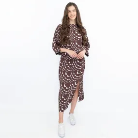Jasper Conran Beau 3/4 Sleeve Brown Print Boat Neck Relaxed Fit Midi Dresses with Split and Pockets Jasper Conran Beau 3/4 Sleeve Brown Print Boat Neck Relaxed Fit Midi Dresses with Split and Pockets