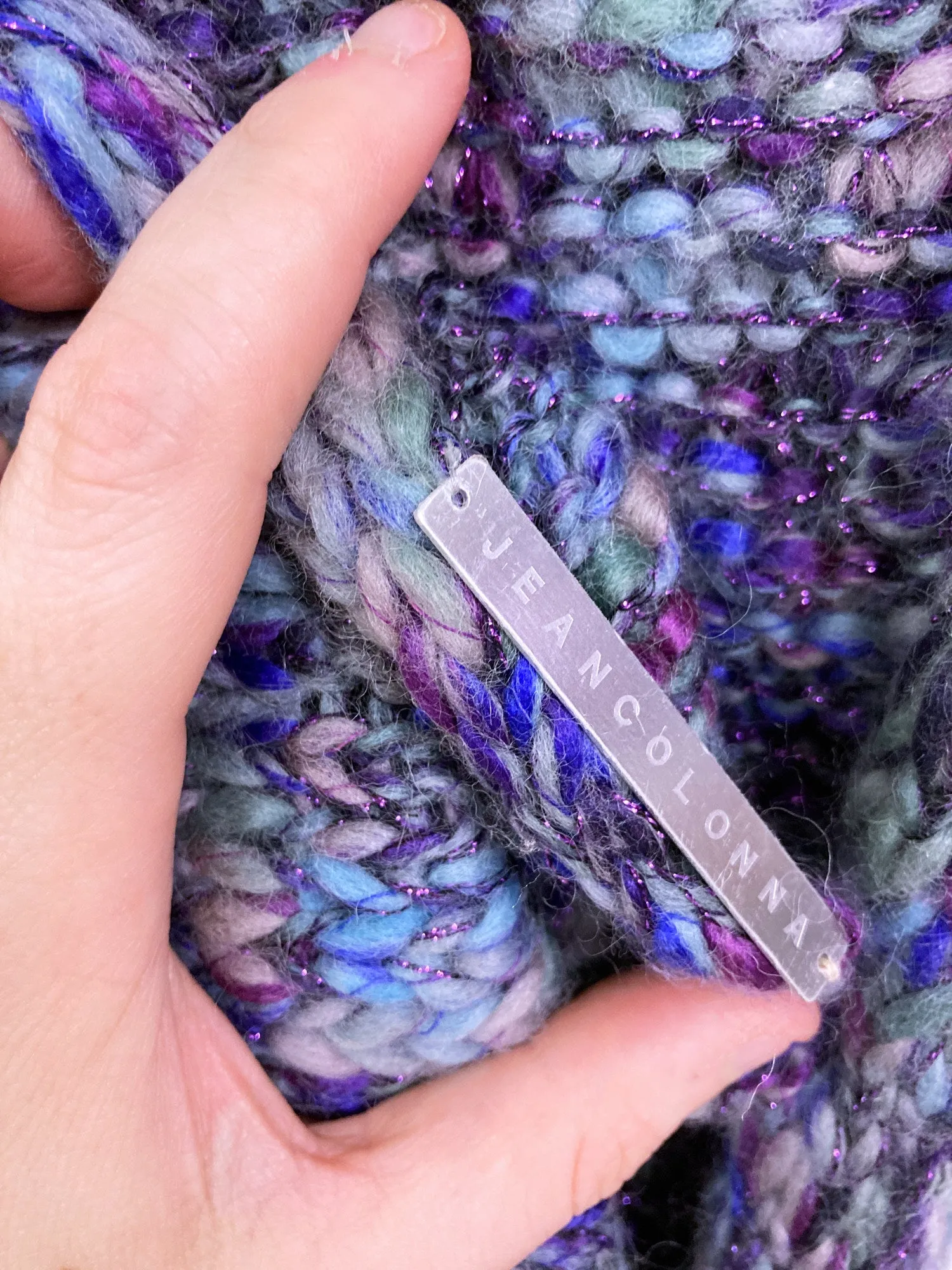 Jean Colonna purple blue grey knitted wool scarf