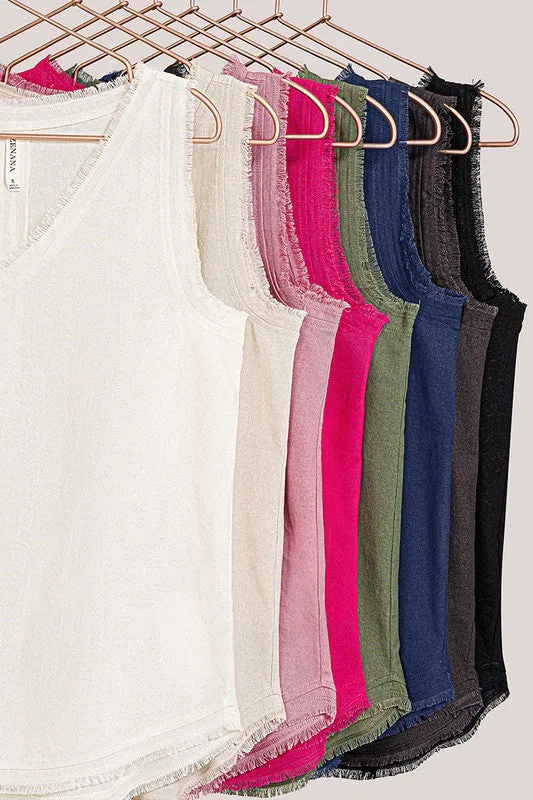 Linen Pre-Washed Frayed Edge V-Neck Sleeveless Top