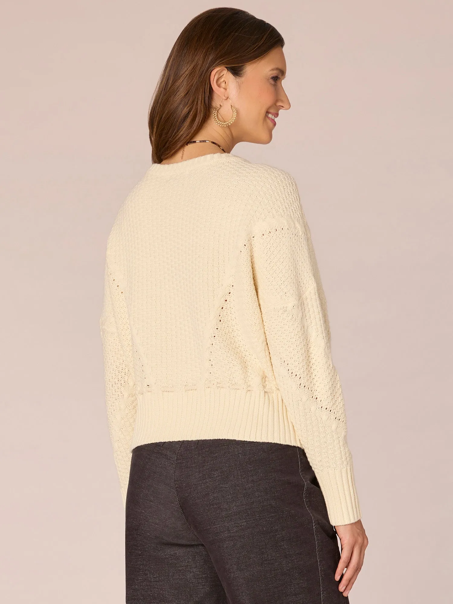 Long Dolman Sleeve V-Neck Peplum Hem Sweater with Tie Front