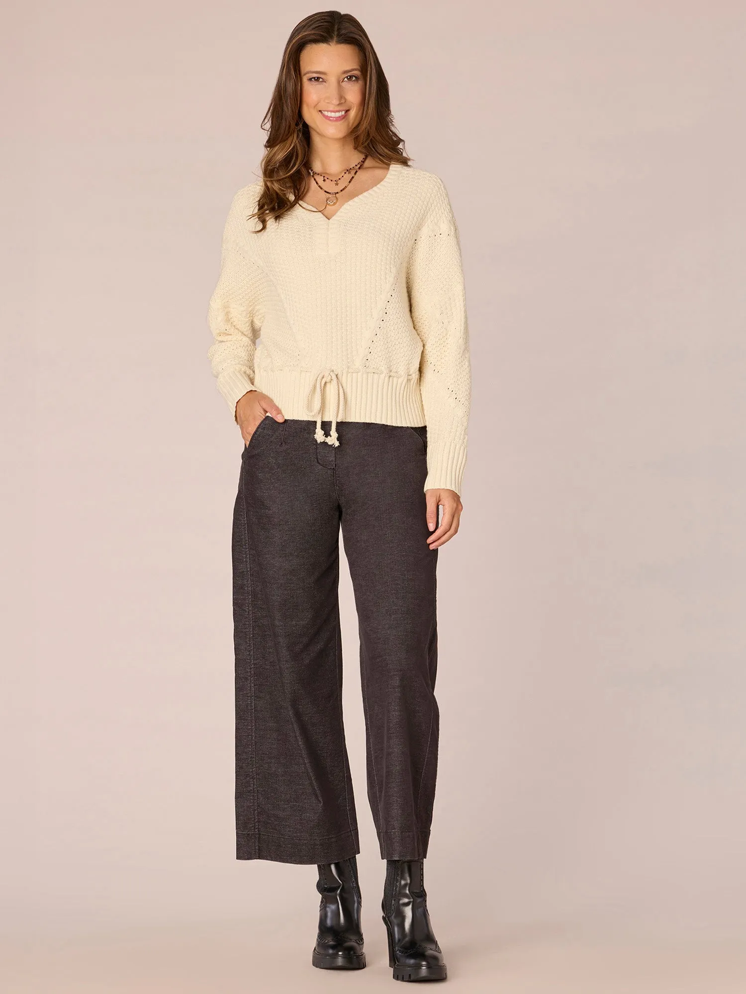 Long Dolman Sleeve V-Neck Peplum Hem Sweater with Tie Front