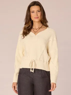 Long Dolman Sleeve V-Neck Peplum Hem Sweater with Tie Front