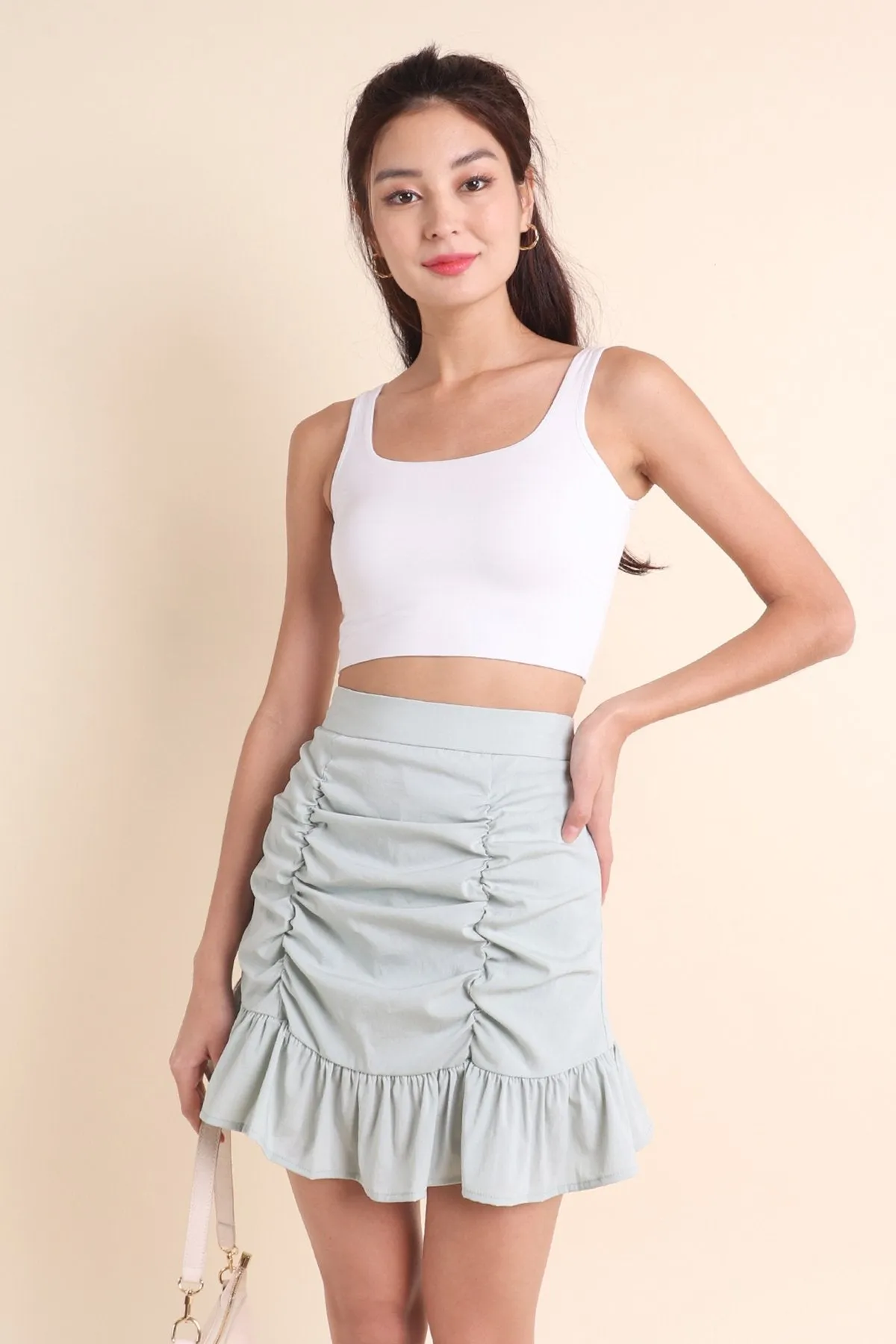 MADEBYNM COSETTE RUCHED SKORTS IN MINT SAGE [XXS/XS/S/M/L]