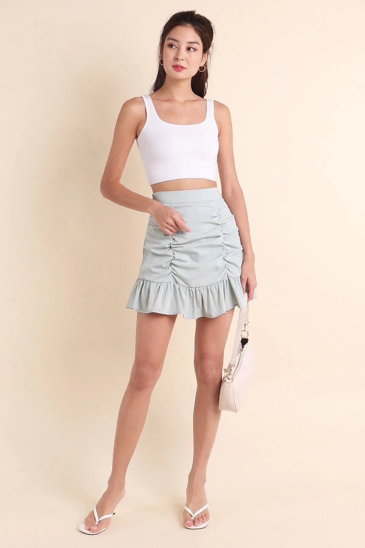 MADEBYNM COSETTE RUCHED SKORTS IN MINT SAGE [XXS/XS/S/M/L]