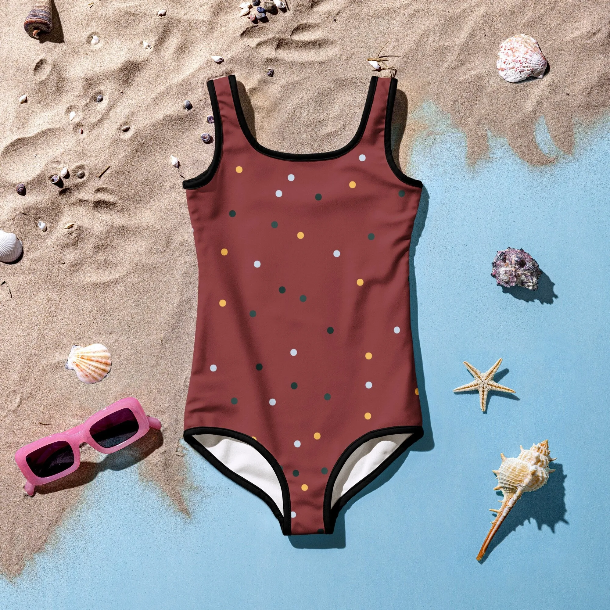 Maroon and Gold Polka Dot Kids One Piece Swimsuit