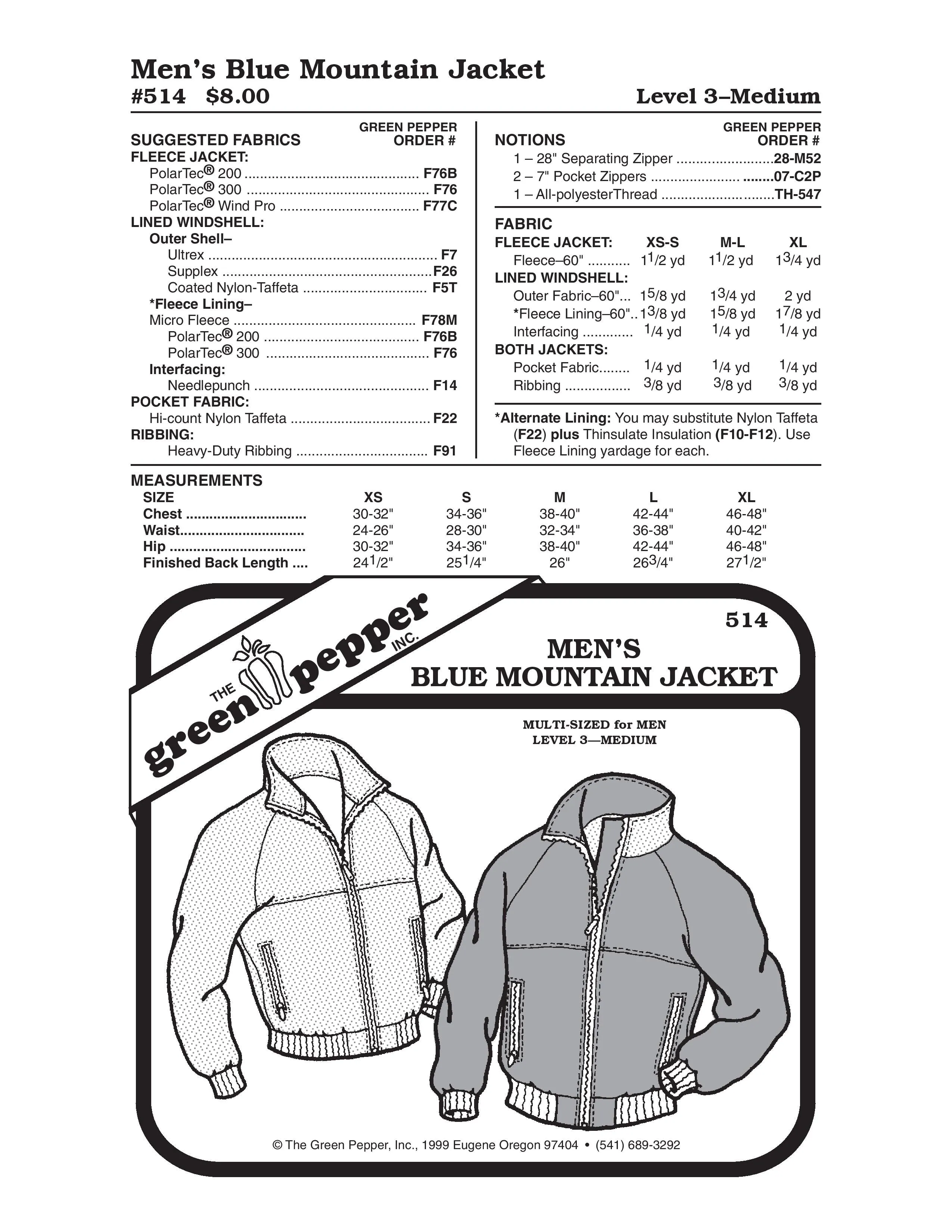 Men's Blue Mountain Jacket Pattern (Sold per Each)