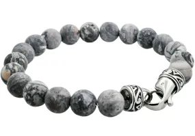 Mens Genuine 10mm Gray Jasper Stainless Steel Beaded Bracelet Mens Genuine 10mm Gray Jasper Stainless Steel Beaded Bracelet