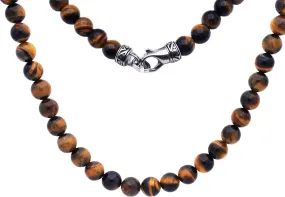 Mens Genuine 8mm Tiger Eye Stainless Steel Beaded Necklace Mens Genuine 8mm Tiger Eye Stainless Steel Beaded Necklace