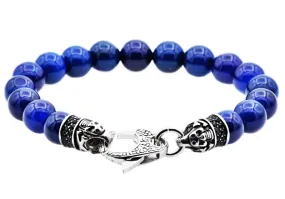 Mens Genuine Blue Agate Stainless Steel Beaded Bracelet With Black Cubic Zirconia Mens Genuine Blue Agate Stainless Steel Beaded Bracelet With Black Cubic Zirconia
