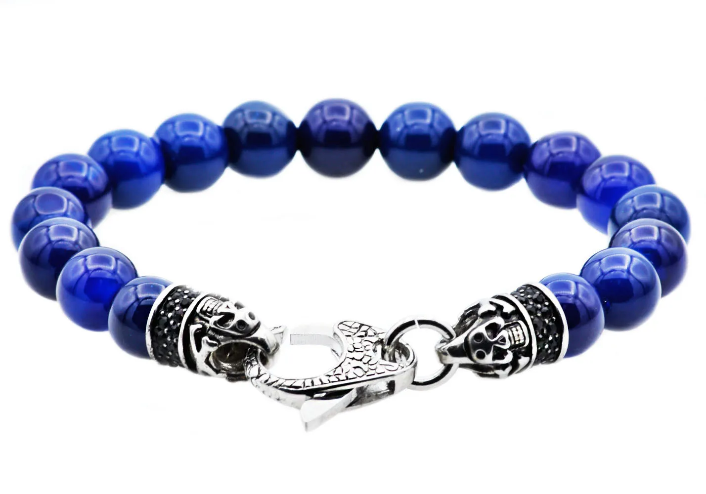 Mens Genuine Blue Agate Stainless Steel Beaded Bracelet With Black Cubic Zirconia