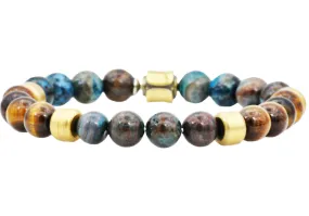Mens Genuine Blue Crazy Lace And Tiger Eye Gold Stainless Steel Beaded Bracelet Mens Genuine Blue Crazy Lace And Tiger Eye Gold Stainless Steel Beaded Bracelet