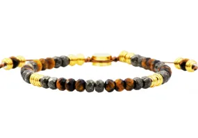 Mens Genuine Pyrite And Tiger Eye Gold Stainless Steel Beaded Bracelet