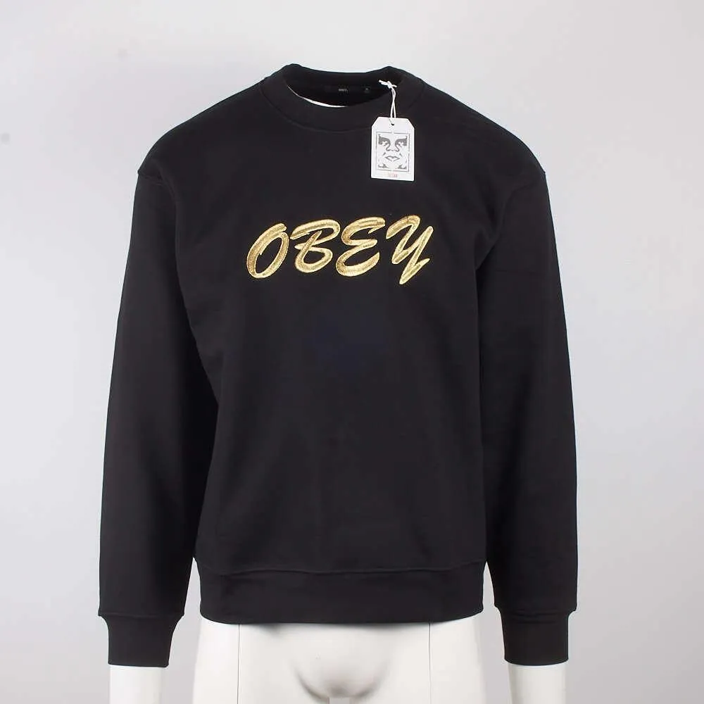 Obey Men's Black Gold Text Crew Neck L/S Sweater (S06A)