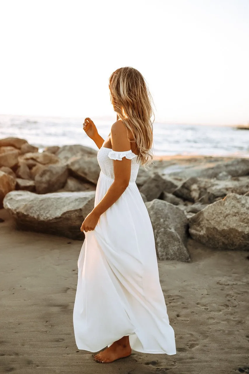 Odella Off Shoulder Dress: Smocked Maxi in Off White