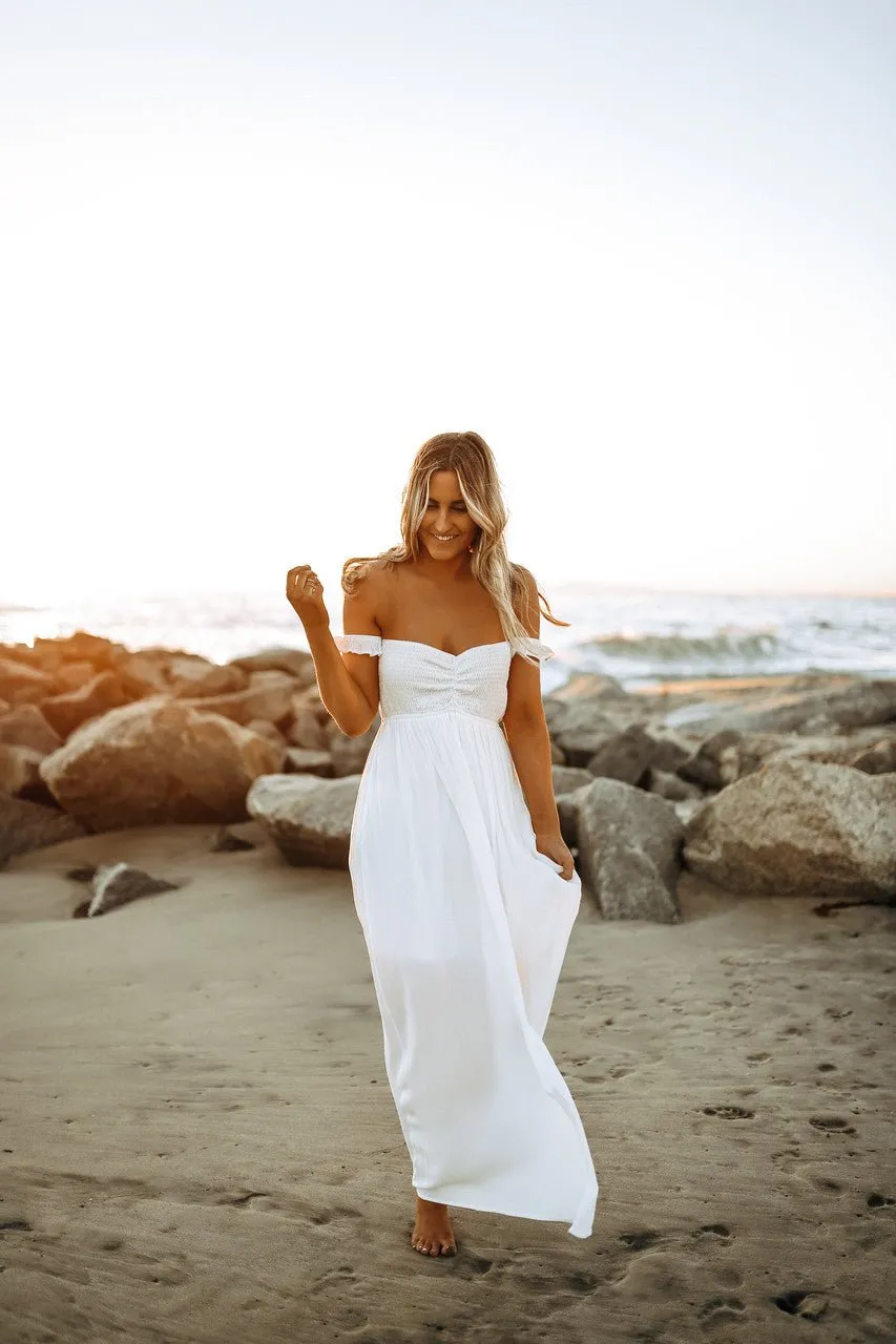 Odella Off Shoulder Dress: Smocked Maxi in Off White