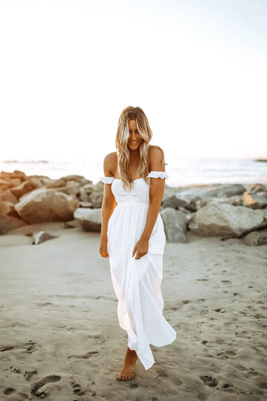 Odella Off Shoulder Dress: Smocked Maxi in Off White