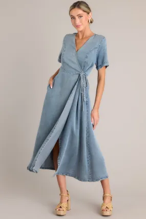 Odyssey Within Medium Wash Chambray Wrap Midi Dress Odyssey Within Medium Wash Chambray Wrap Midi Dress